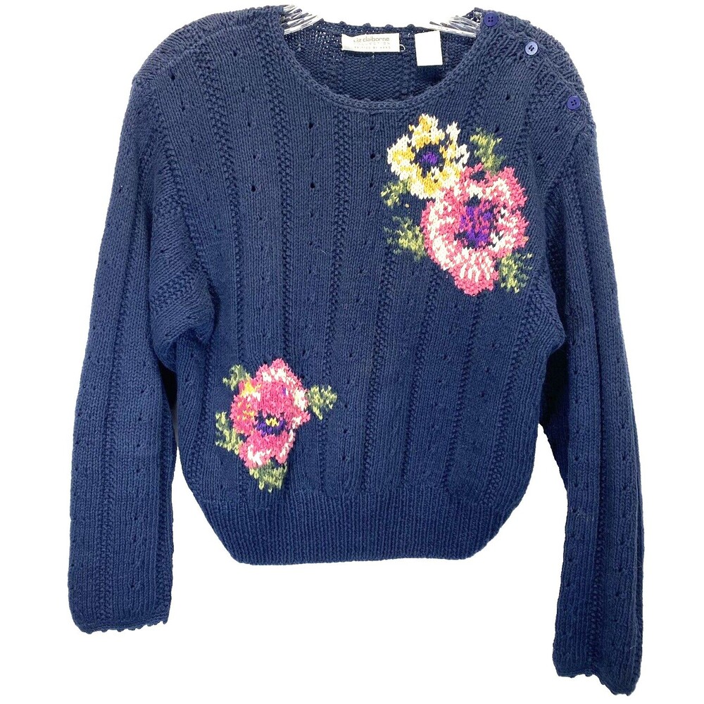 Liz Claiborne Collection Pull Over Long Sleeve Sweater Linen Blend Size S Floral